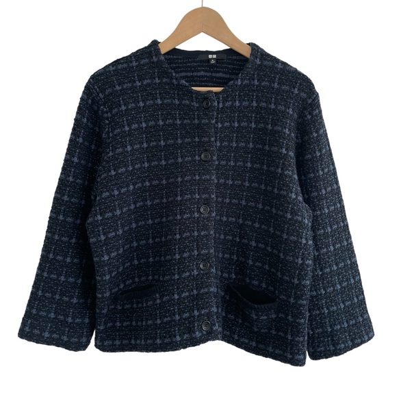 Uniqlo Knitted Short Jacket Blue Black Textured Size XL - Picture 4 of 14